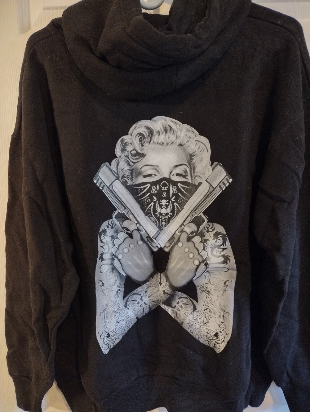 Black Graphic Hoodie with Marilyn Bandana and Guns Print
